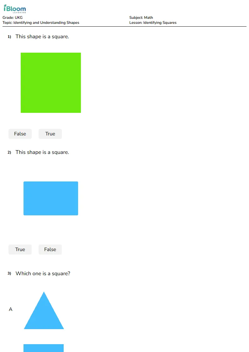 Identifying Squares Lesson for Ukg | iBloom