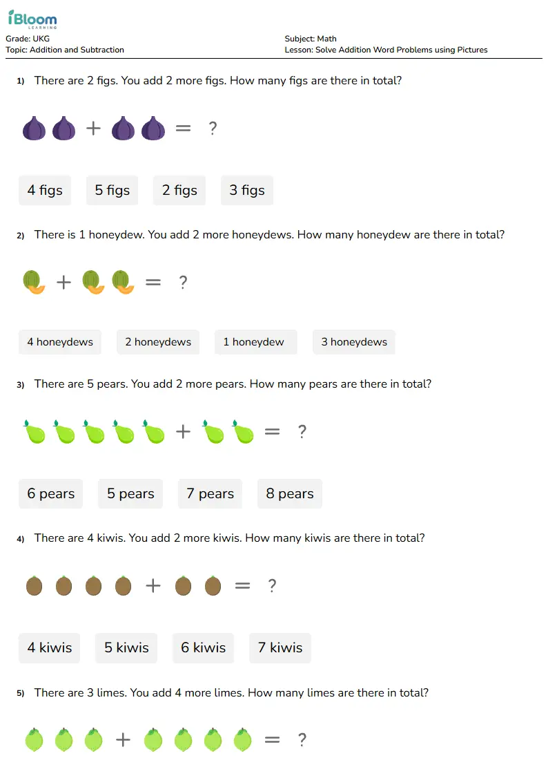 Solve Addition Word Problems using Pictures Lesson for Ukg | iBloom