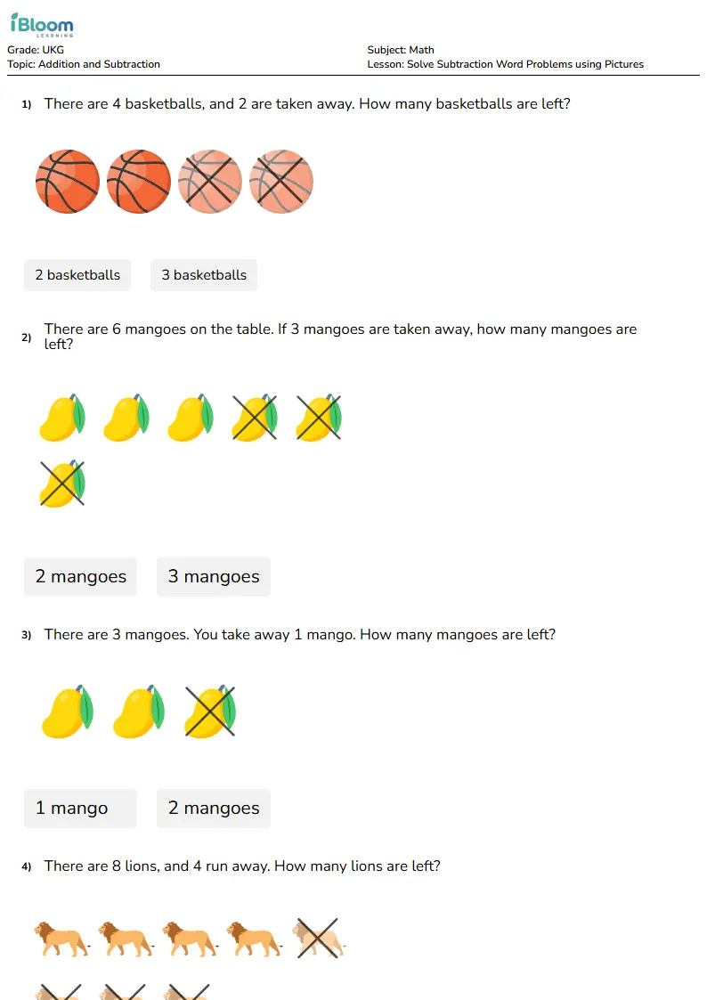 Solve Subtraction Word Problems using Pictures Lesson for Ukg | iBloom