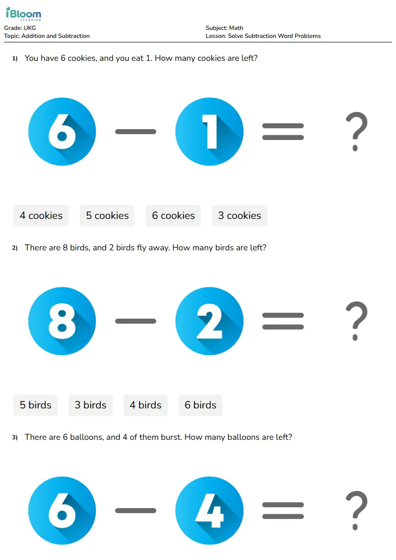 Solve Subtraction Word Problems Lesson for Ukg | iBloom