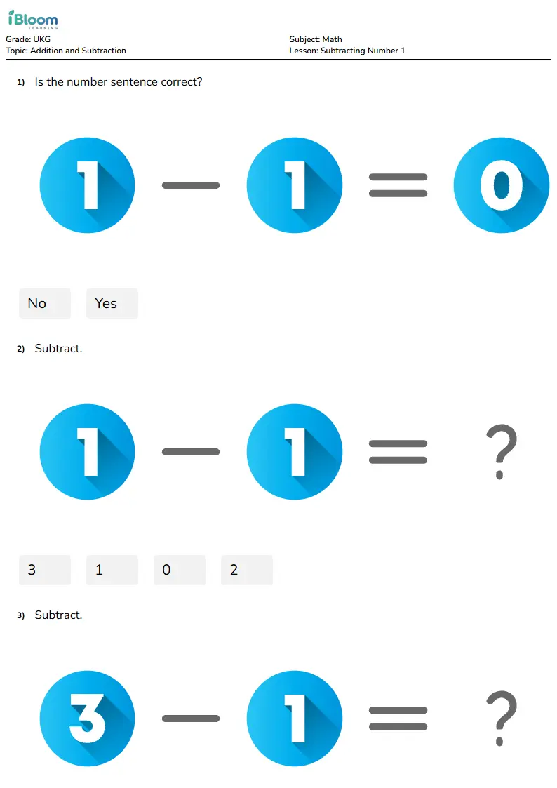 Subtracting Number 1 Lesson for Ukg | iBloom