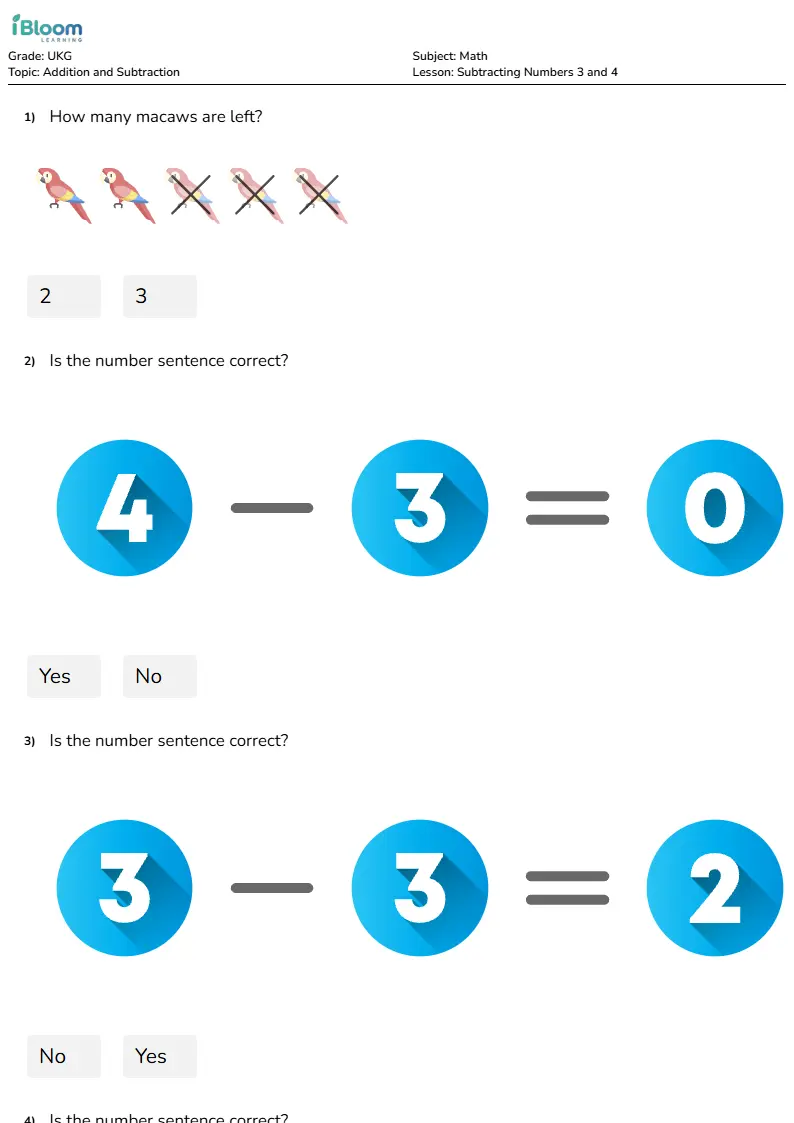 Subtracting Numbers 3 and 4 Lesson for Ukg | iBloom