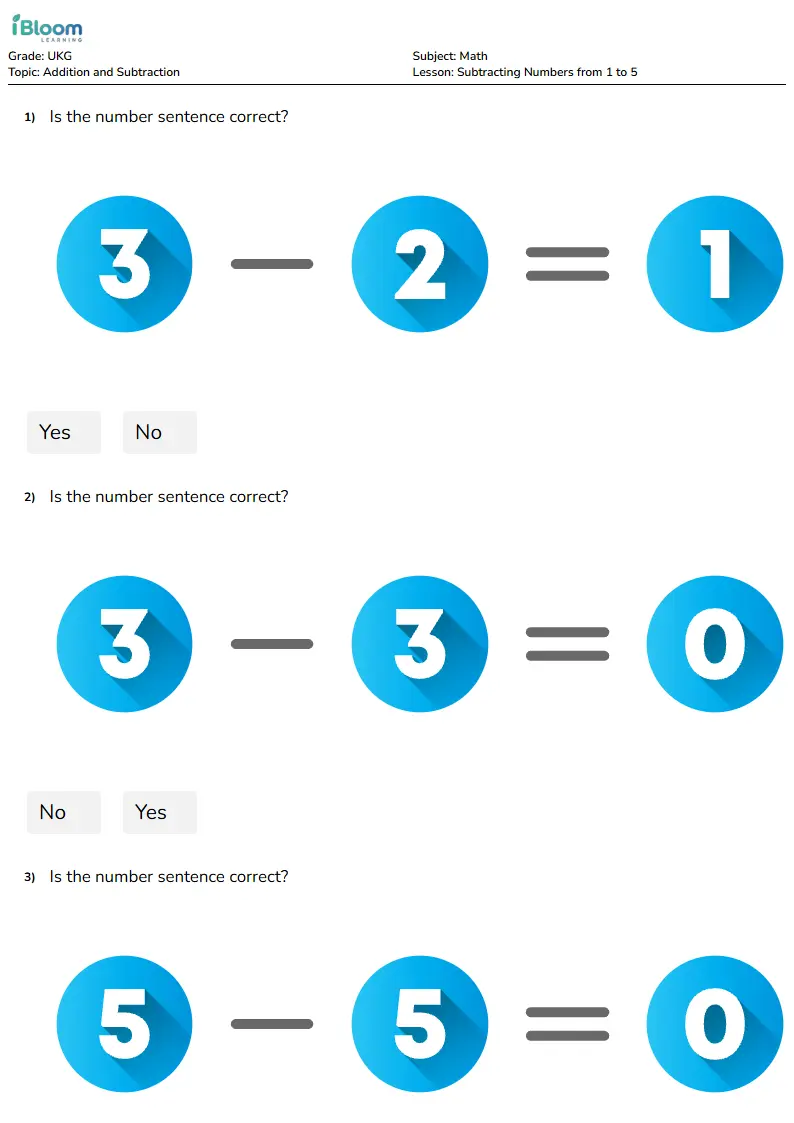 Subtracting Numbers from 1 to 5 Lesson for Ukg | iBloom