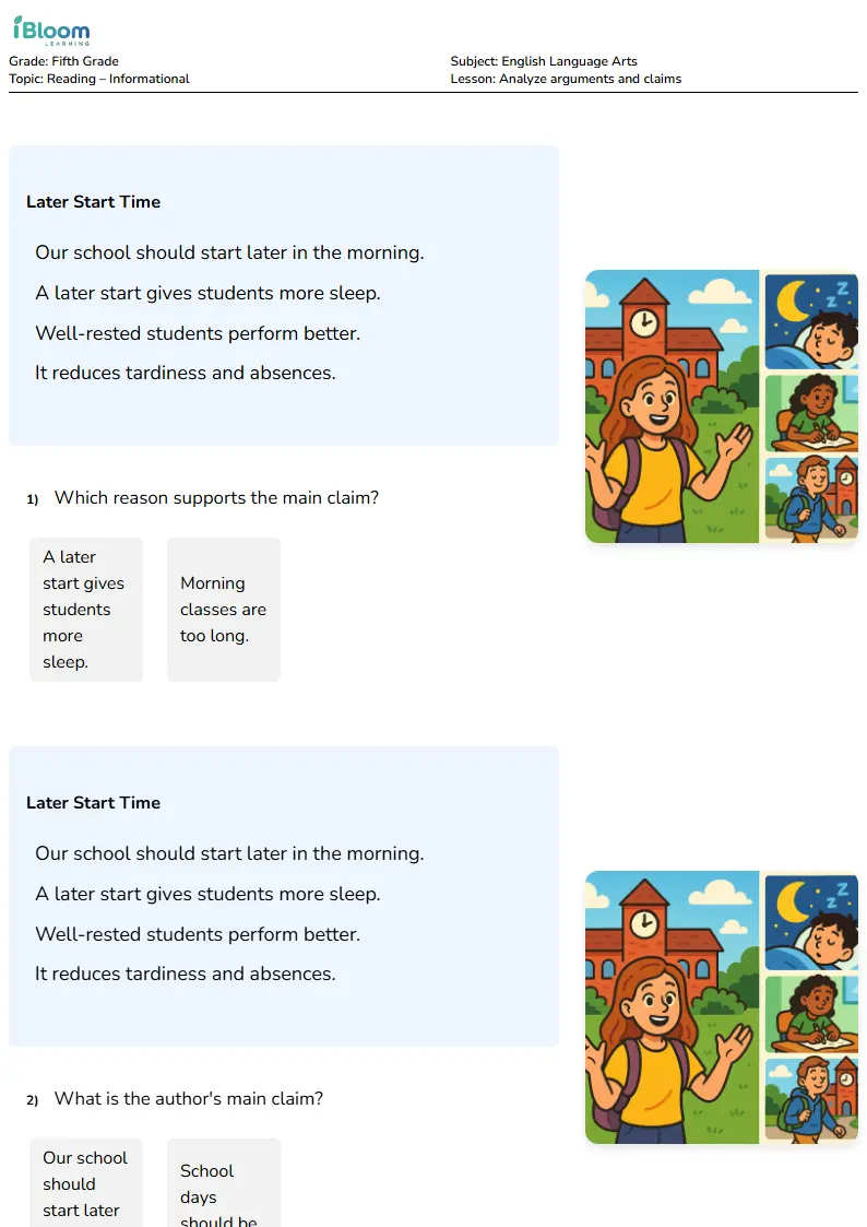 Analyze arguments and claims Lesson for Fifth Grade