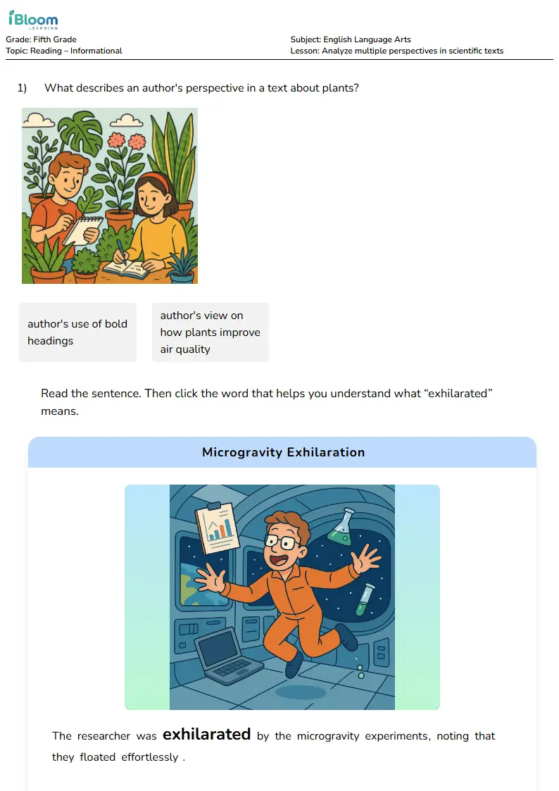 Analyze multiple perspectives in scientific texts Lesson for Fifth Grade