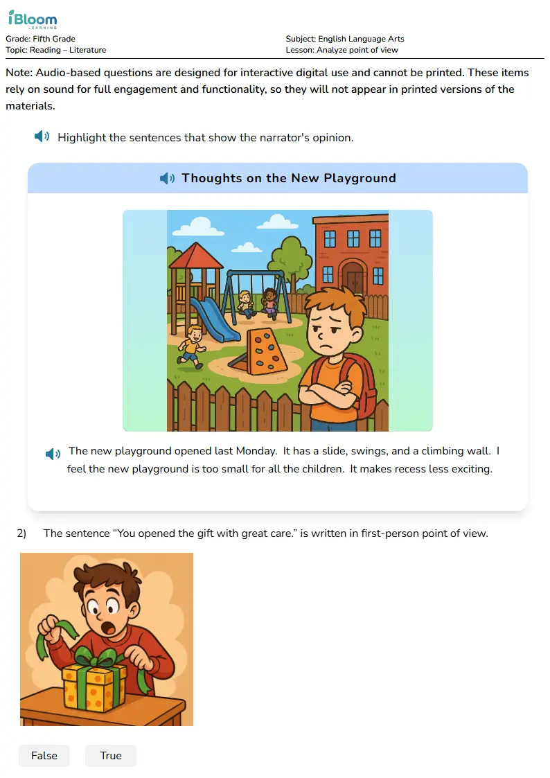Analyze point of view Lesson for Fifth Grade