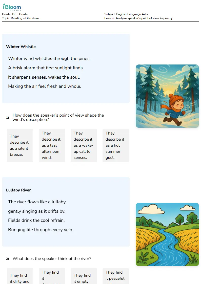 Analyze speaker's point of view in poetry Lesson for Fifth Grade