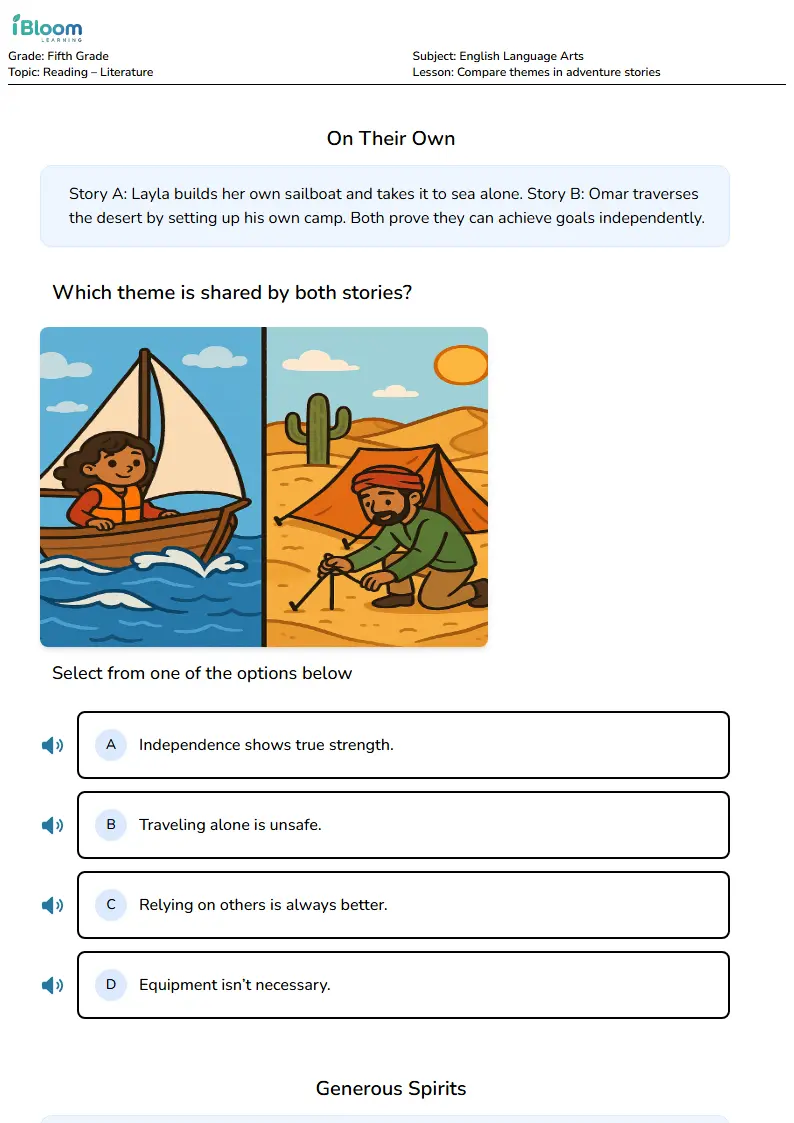 Compare themes in adventure stories Lesson for Fifth Grade