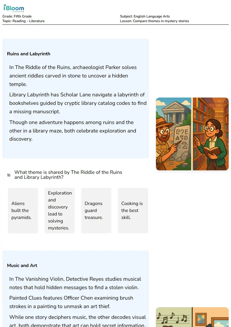 Compare themes in mystery stories Lesson for Fifth Grade