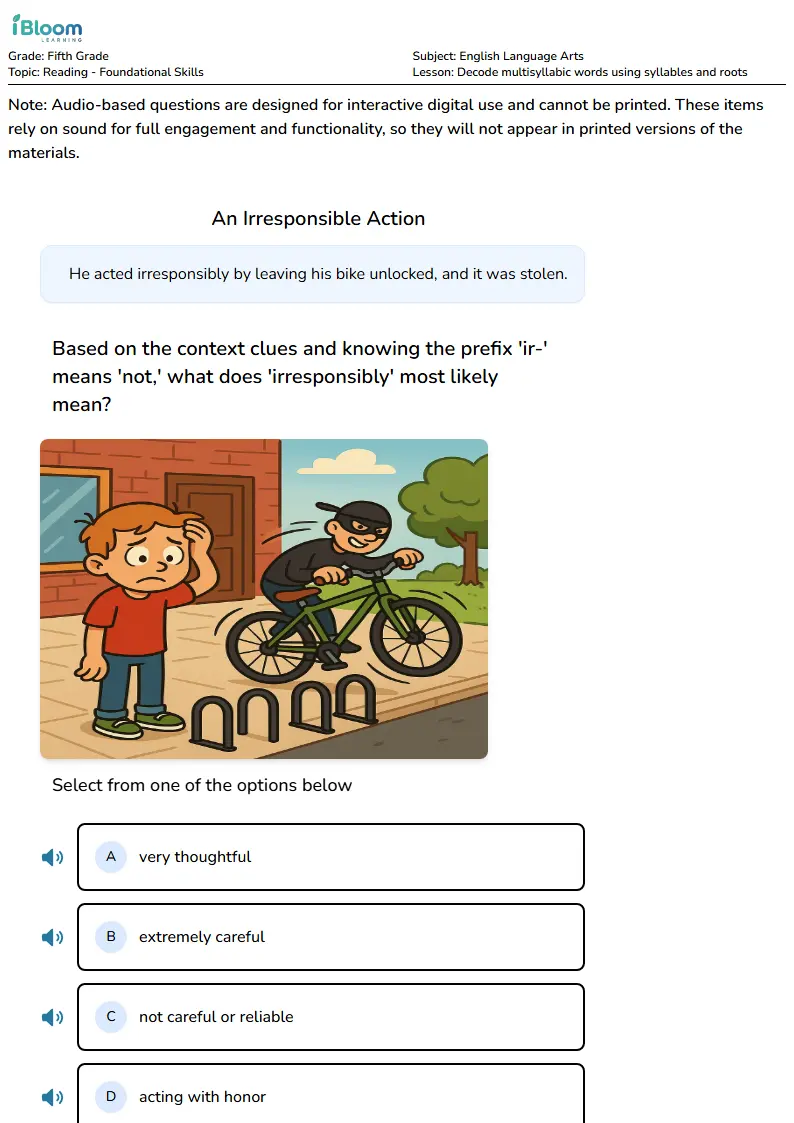 Decode multisyllabic words using syllables and roots Lesson for Fifth Grade
