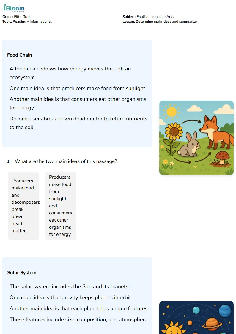 Determine main ideas and summarize Lesson for Fifth Grade
