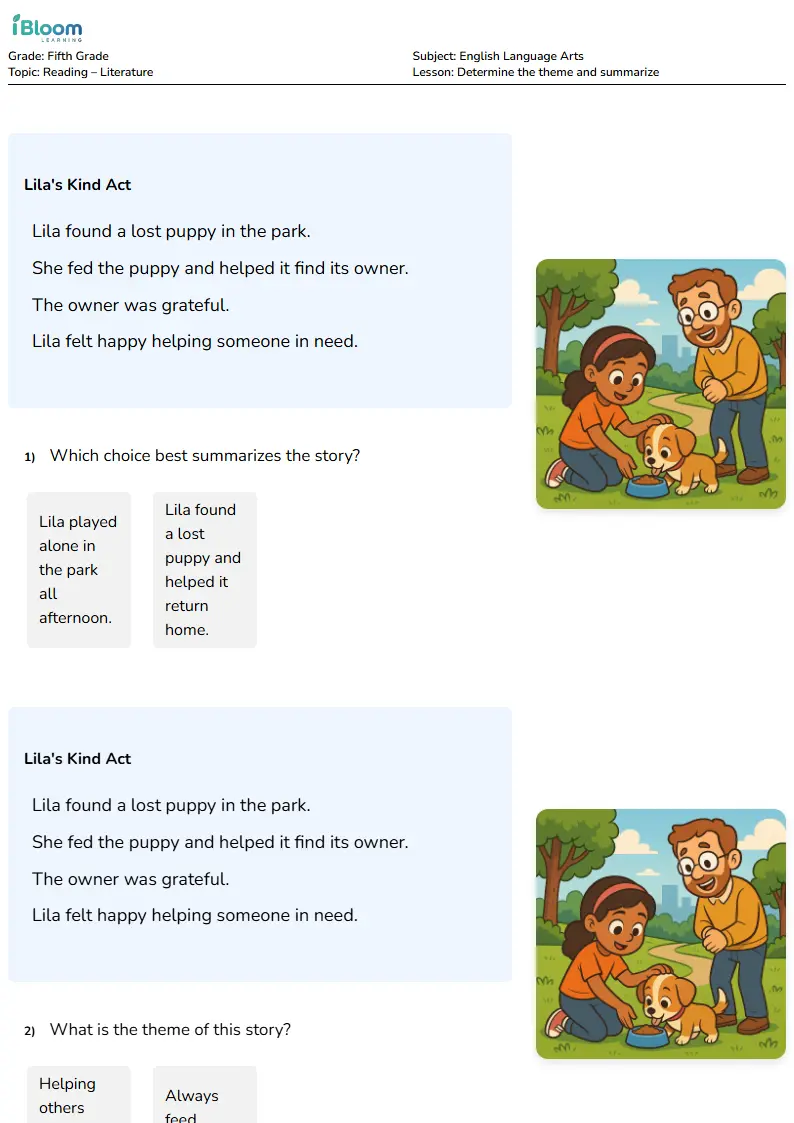 Determine the theme and summarize Lesson for Fifth Grade | iBloom