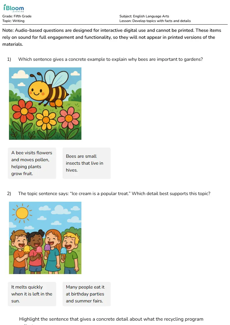 Develop topics with facts and details Lesson for Fifth Grade | iBloom