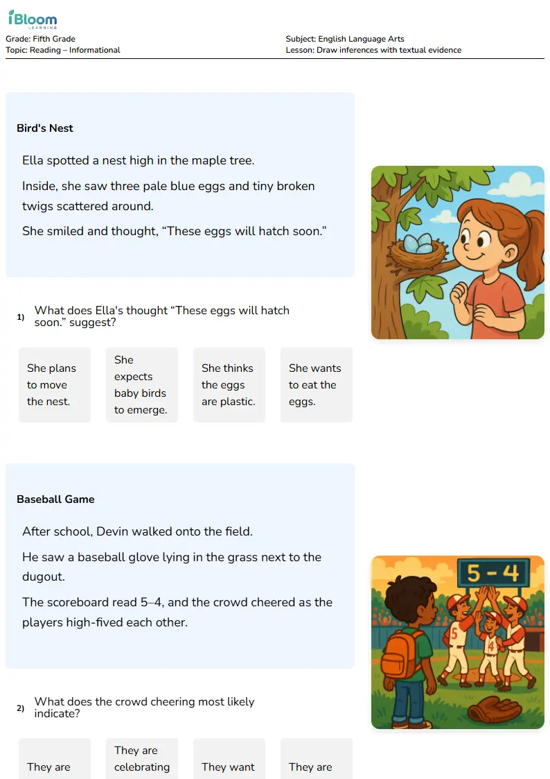 Draw inferences with textual evidence Lesson for Fifth Grade | iBloom