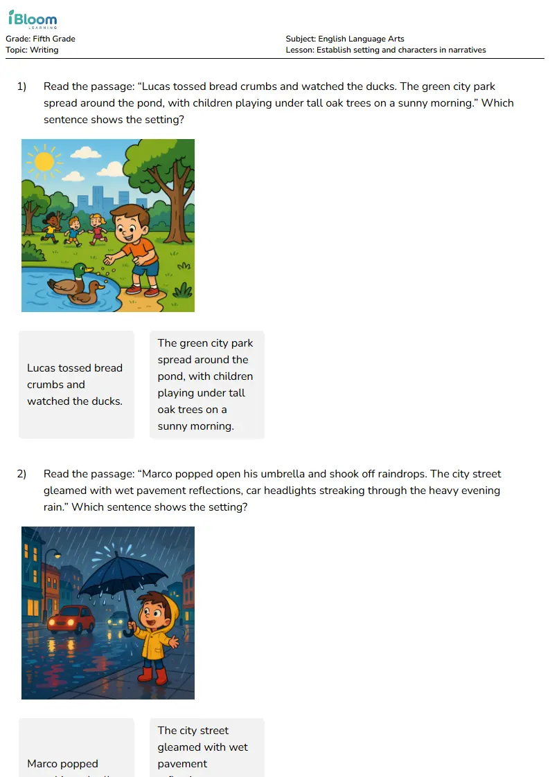 Establish setting and characters in narratives Lesson for Fifth Grade | iBloom