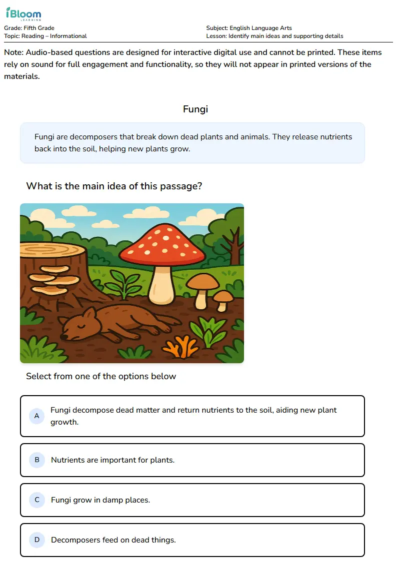 Identify main ideas and supporting details Lesson for Fifth Grade | iBloom