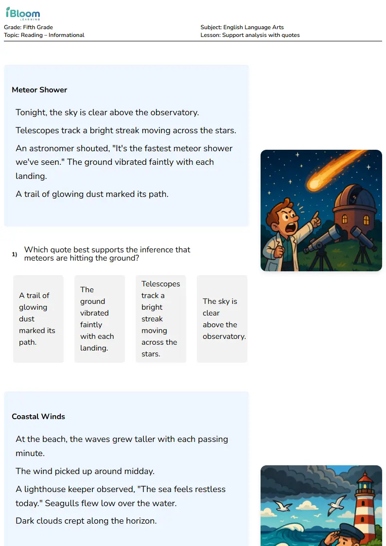 Support analysis with quotes Lesson for Fifth Grade | iBloom