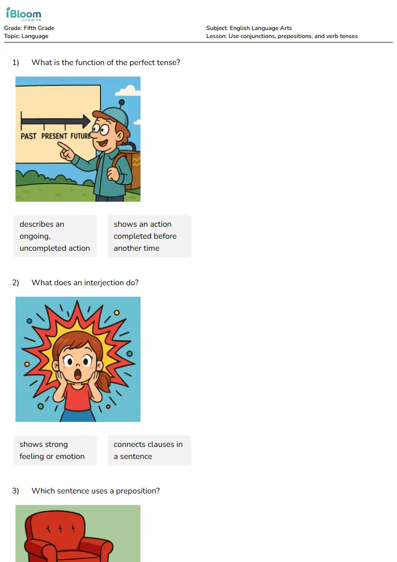 Use conjunctions, prepositions, and verb tenses Lesson for Fifth Grade | iBloom