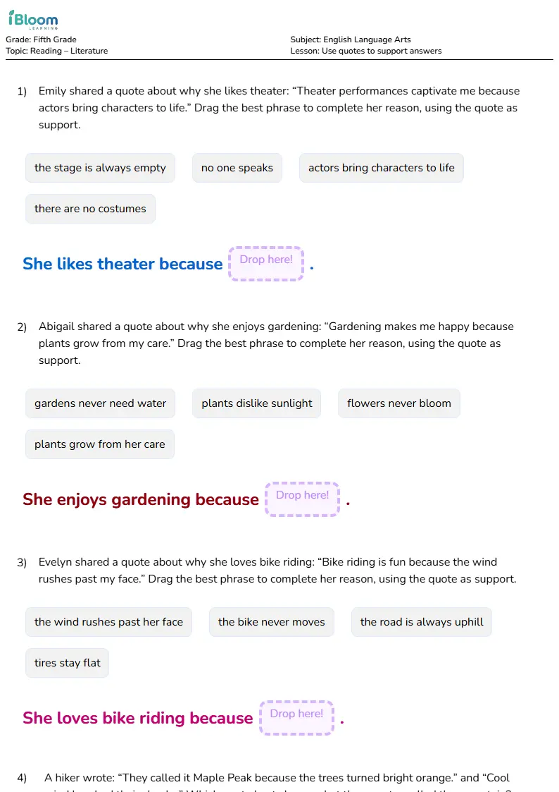 Use quotes to support answers Lesson for Fifth Grade | iBloom