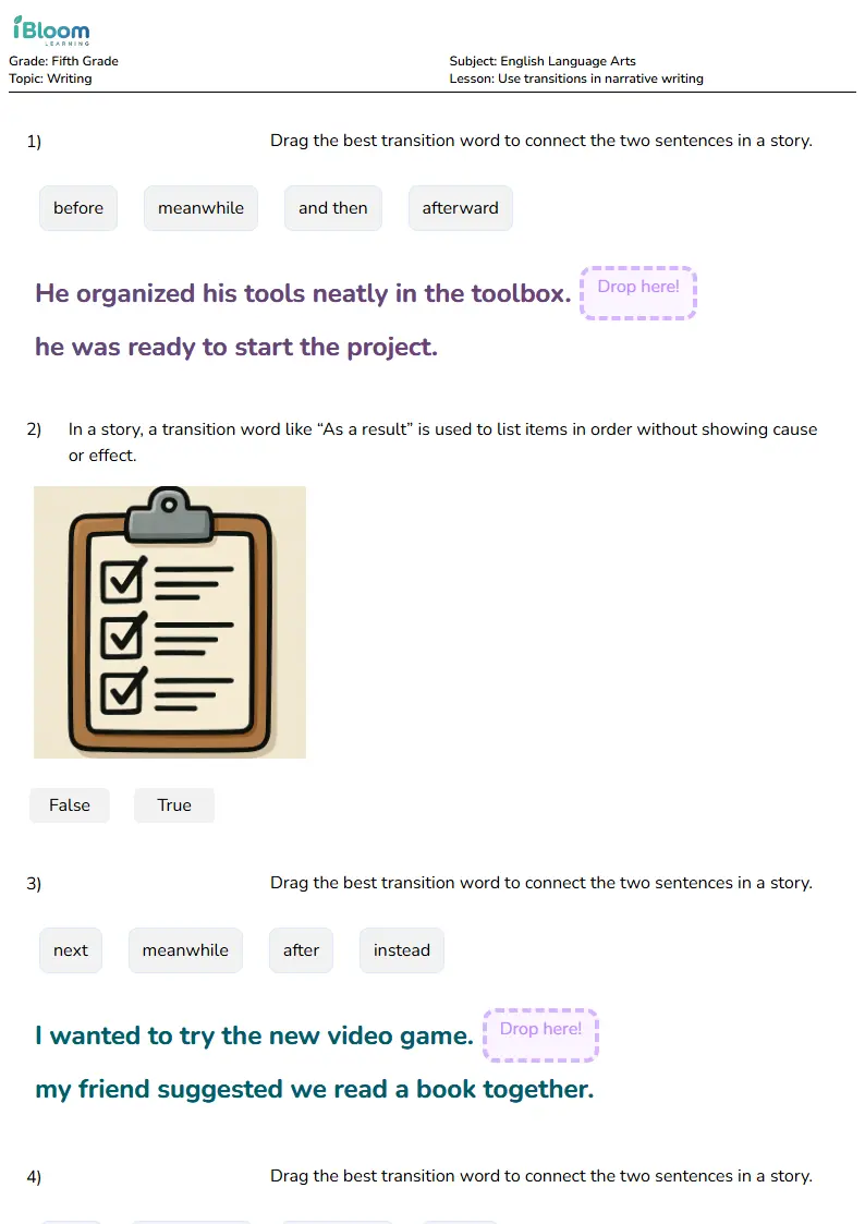 Use transitions in narrative writing Lesson for Fifth Grade | iBloom