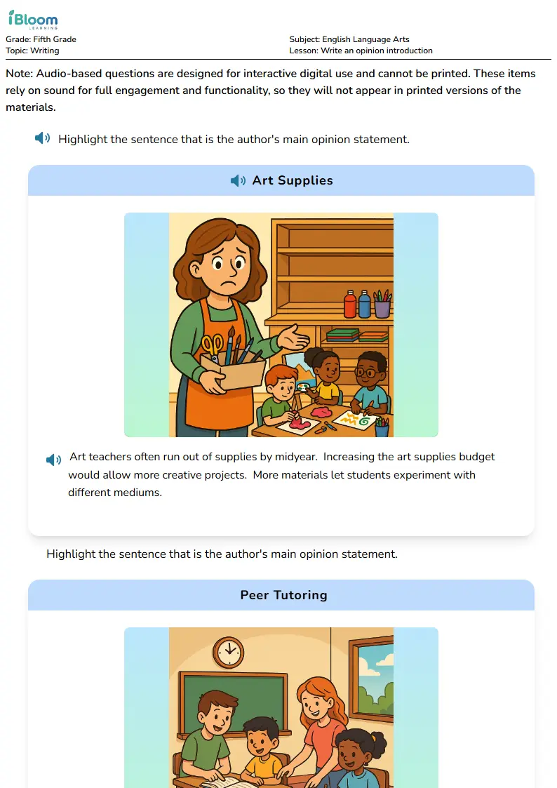 Write an opinion introduction Lesson for Fifth Grade | iBloom