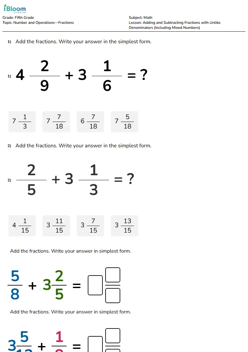 Adding and Subtracting Fractions with Unlike Denominators (Including Mixed Numbers) Lesson for Grade 5