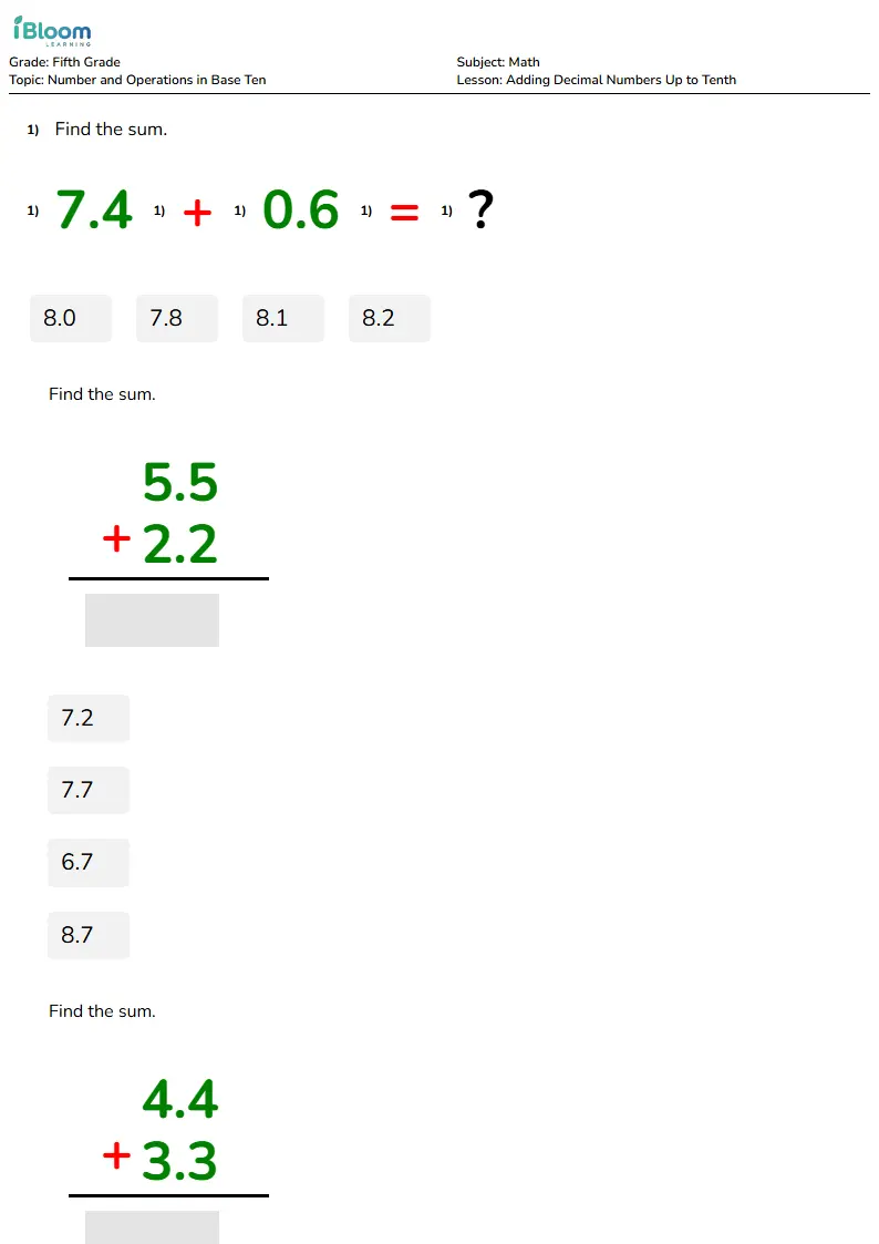 Adding Decimal Numbers Up to Tenth Lesson for Grade 5