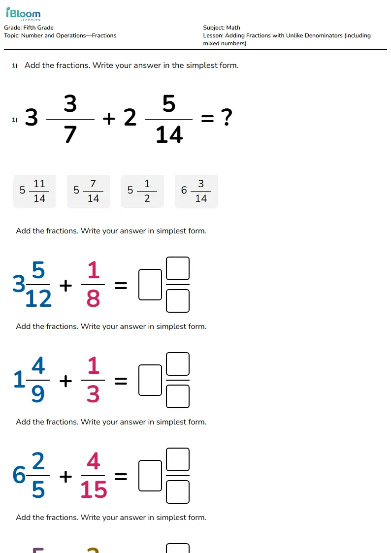 Adding Fractions with Unlike Denominators (including mixed numbers) Lesson for Grade 5