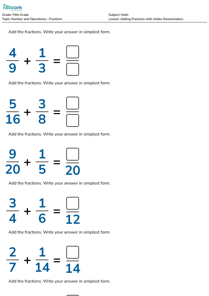 Adding Fractions with Unlike Denominators Lesson for Grade 5