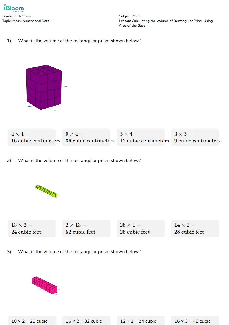 Calculating the Volume of Rectangular Prism Using Area of the Base Lesson for Grade 5