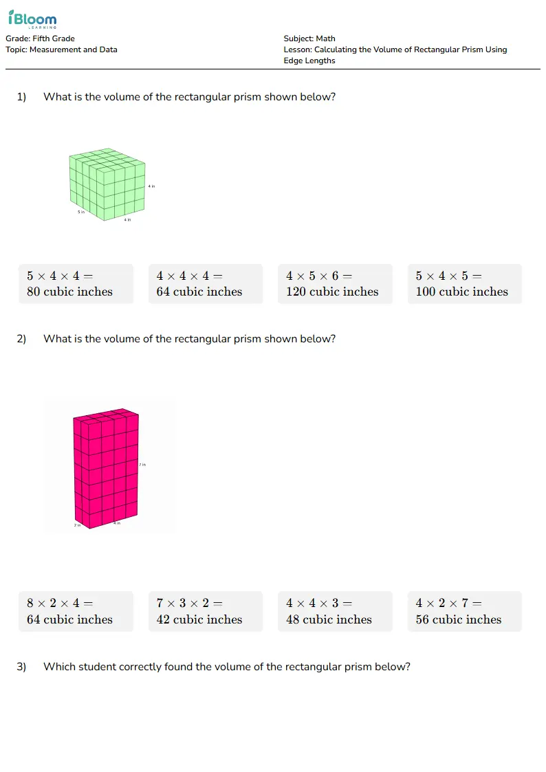 Calculating the Volume of Rectangular Prism Using Edge Lengths Lesson for Grade 5