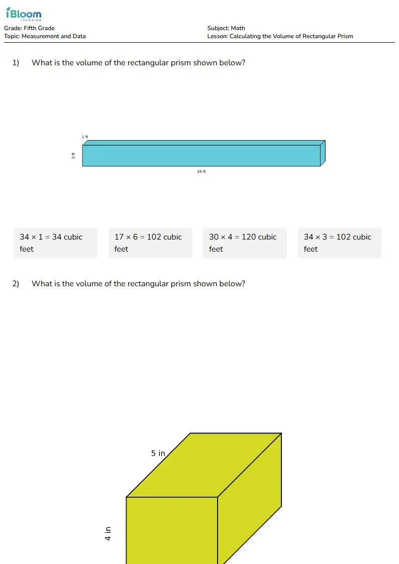 Calculating the Volume of Rectangular Prism Lesson for Grade 5