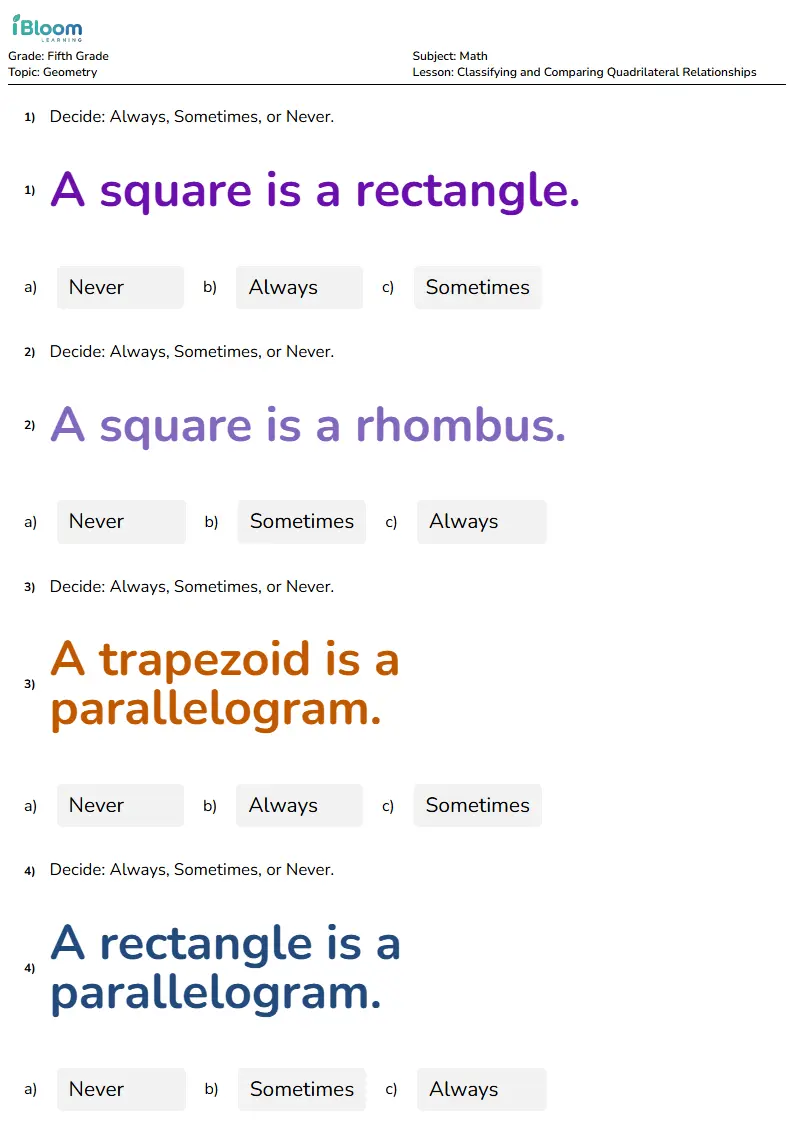 Classifying and Comparing Quadrilateral Relationships Lesson for Grade 5
