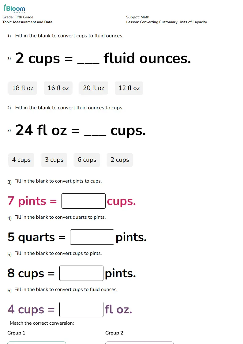 Converting Customary Units of Capacity Lesson for Grade 5