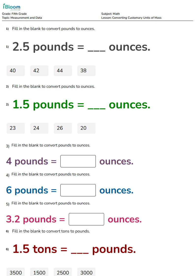 Converting Customary Units of Mass Lesson for Grade 5