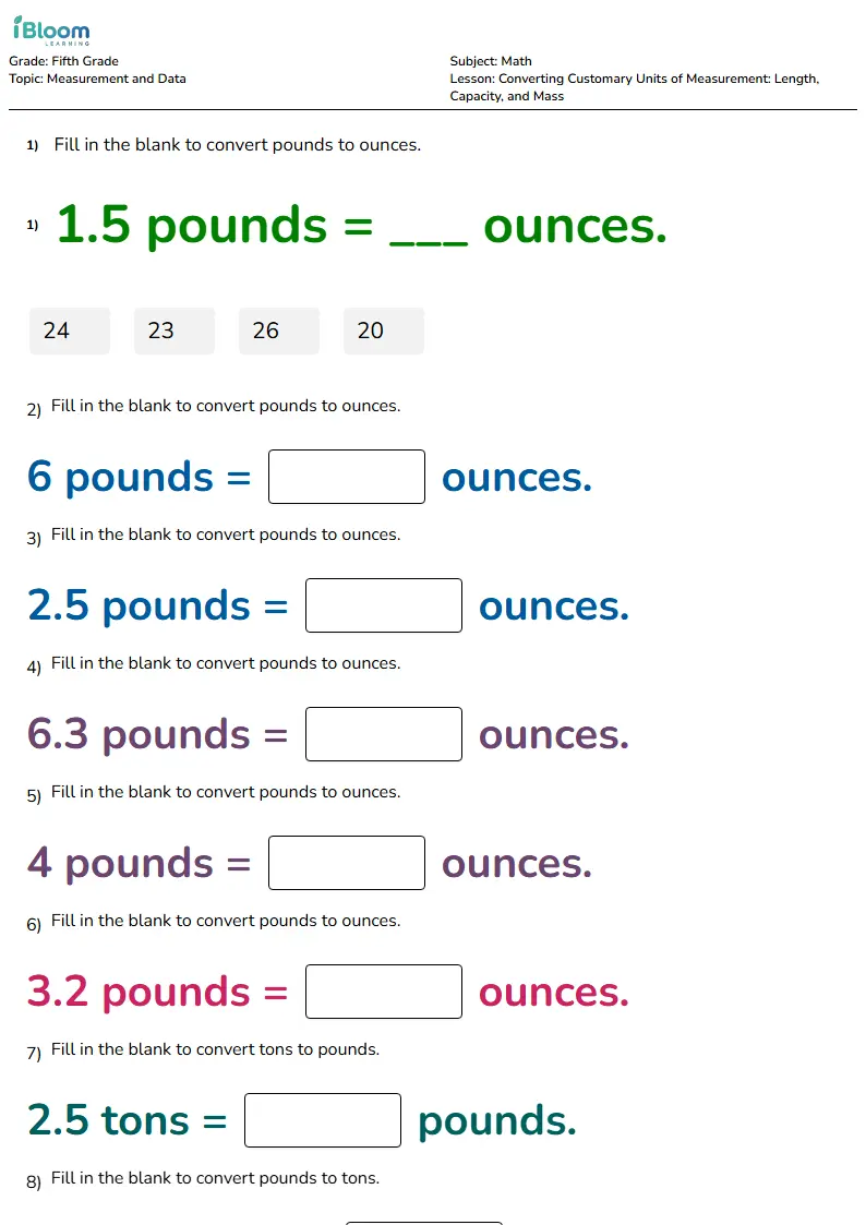 Converting Customary Units of Measurement: Length, Capacity, and Mass Lesson for Grade 5