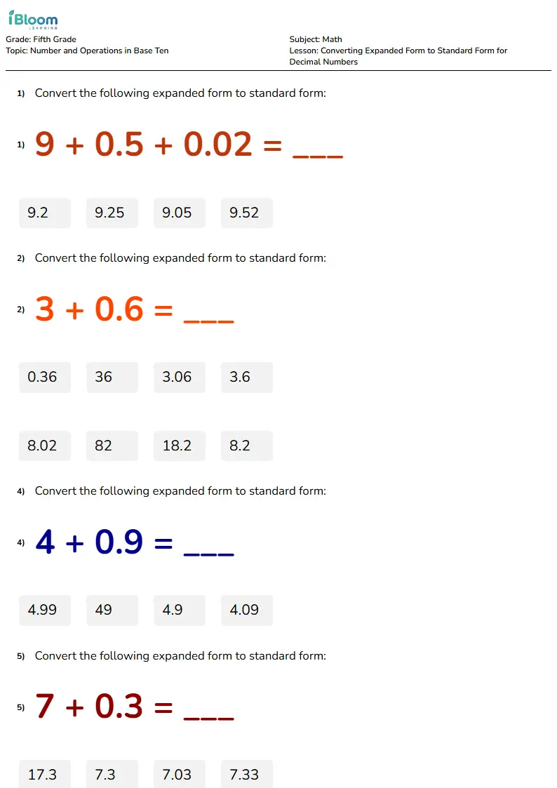 Converting Expanded Form to Standard Form for Decimal Numbers Lesson for Grade 5