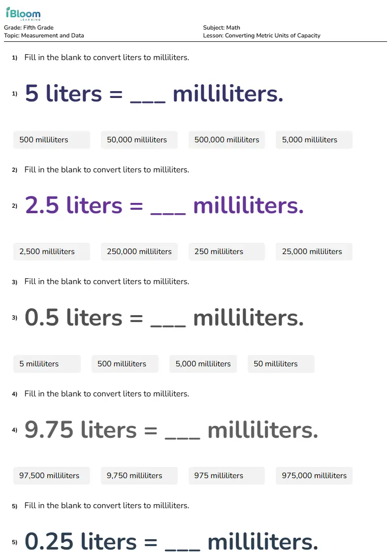 Converting Metric Units of Capacity Lesson for Grade 5