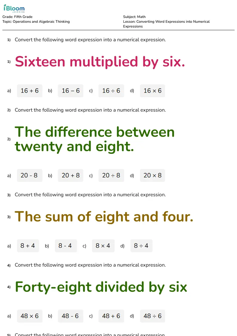 Converting Word Expressions into Numerical Expressions Lesson for Grade 5