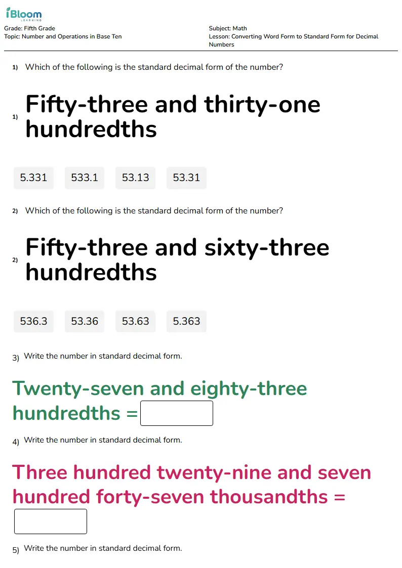Converting Word Form to Standard Form for Decimal Numbers Lesson for Fifth Grade | iBloom