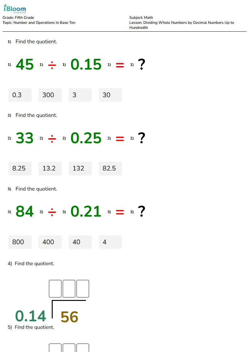 Dividing Whole Numbers by Decimal Numbers Up to Hundredth Lesson for Fifth Grade | iBloom
