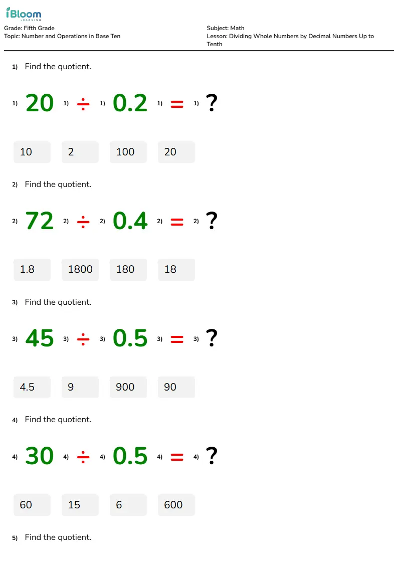 Dividing Whole Numbers by Decimal Numbers Up to Tenth Lesson for Fifth Grade | iBloom