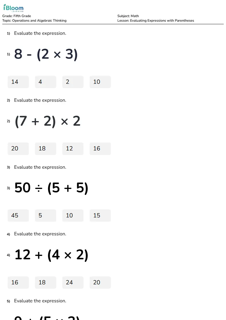 Evaluating Expressions with Parentheses Lesson for Fifth Grade | iBloom