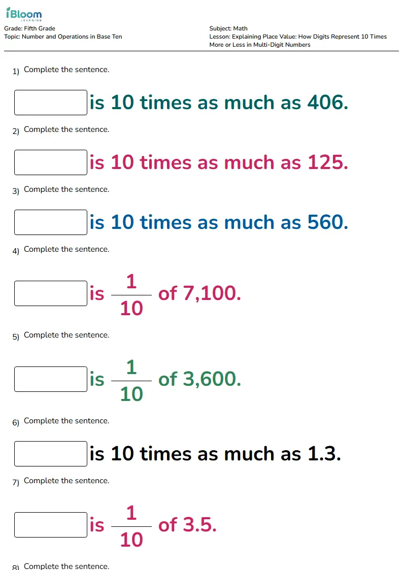Explaining Place Value: How Digits Represent 10 Times More or Less in Multi-Digit Numbers Lesson for Fifth Grade | iBloom