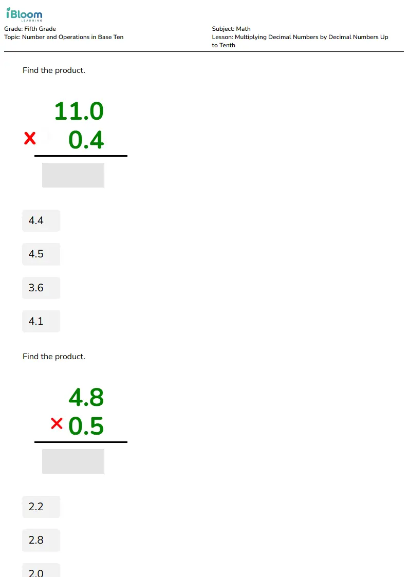 Multiplying Decimal Numbers by Decimal Numbers Up to Tenth Lesson for Fifth Grade | iBloom