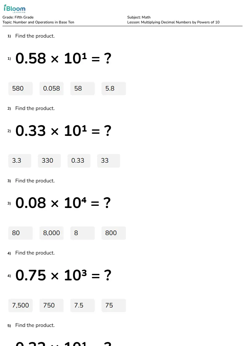 Multiplying Decimal Numbers by Powers of 10 Lesson for Fifth Grade | iBloom
