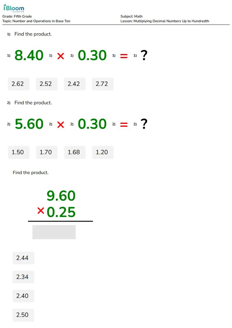 Multiplying Decimal Numbers Up to Hundredth Lesson for Fifth Grade | iBloom