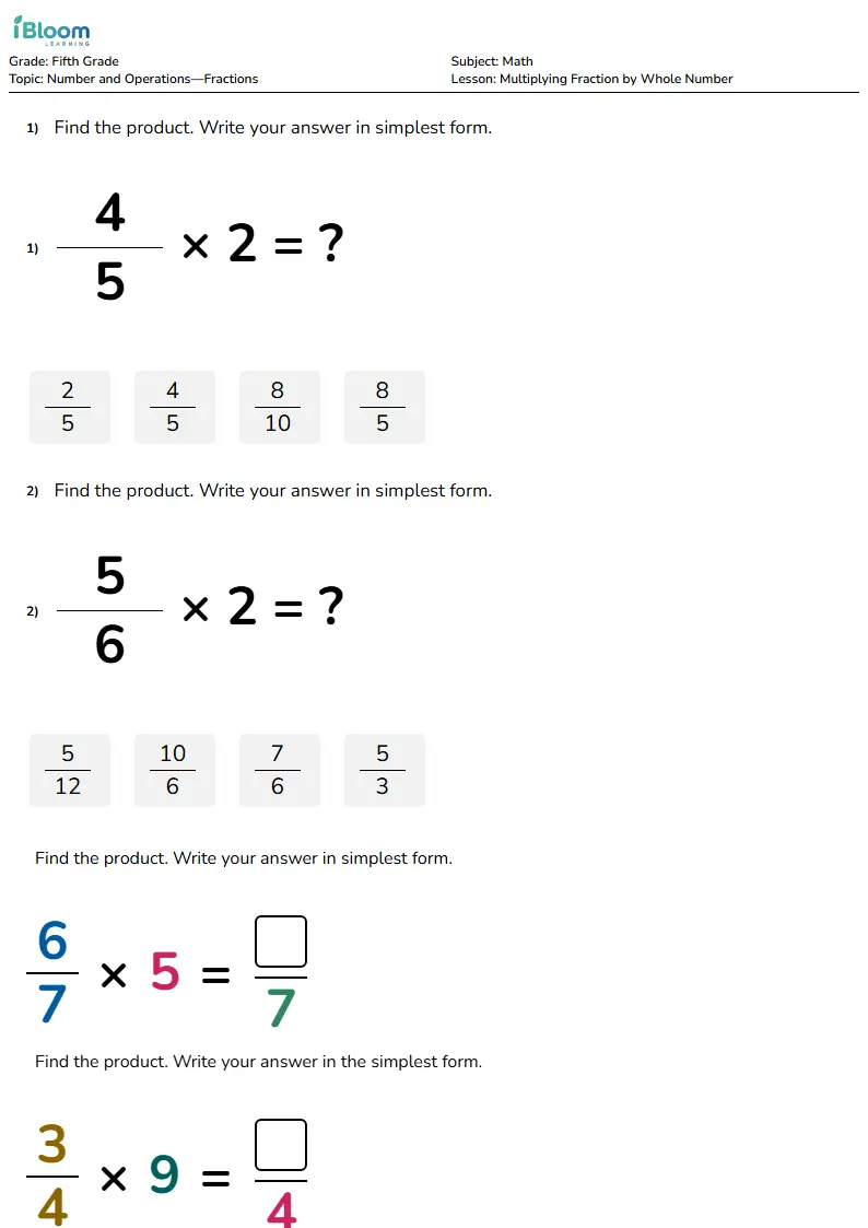 Multiplying Fraction by Whole Number Lesson for Fifth Grade | iBloom