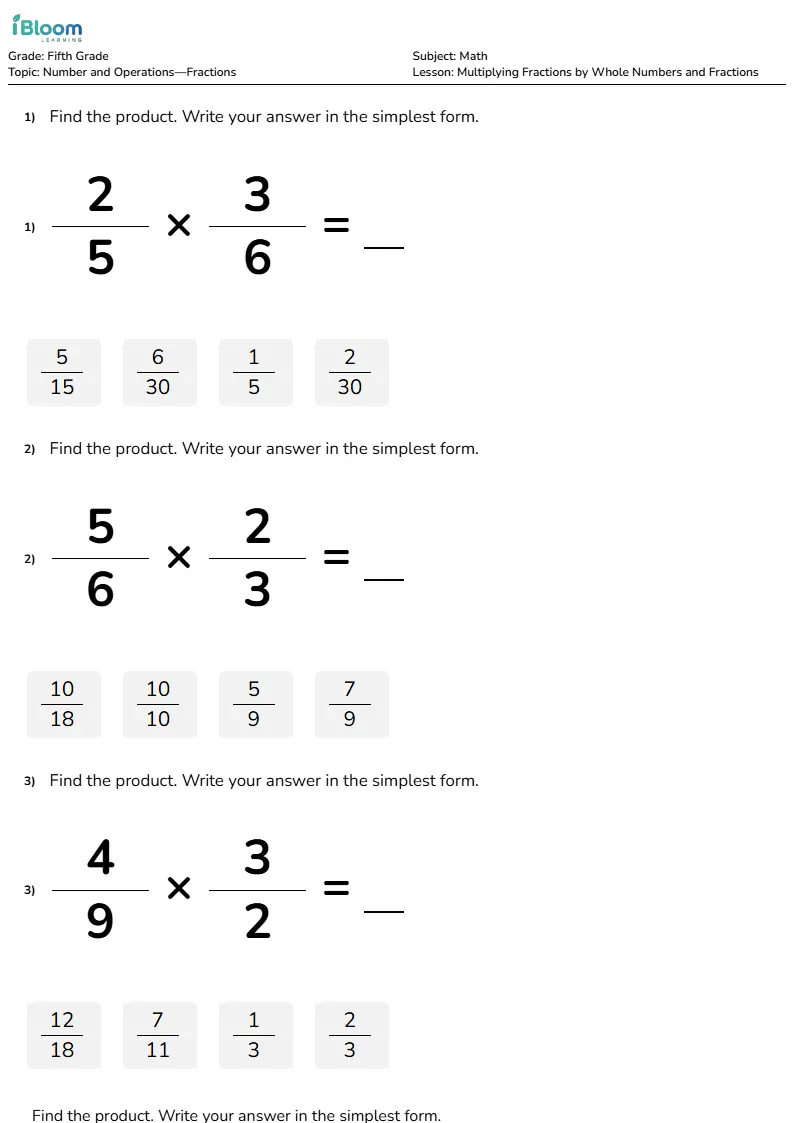Multiplying Fractions by Whole Numbers and Fractions Lesson for Fifth Grade | iBloom