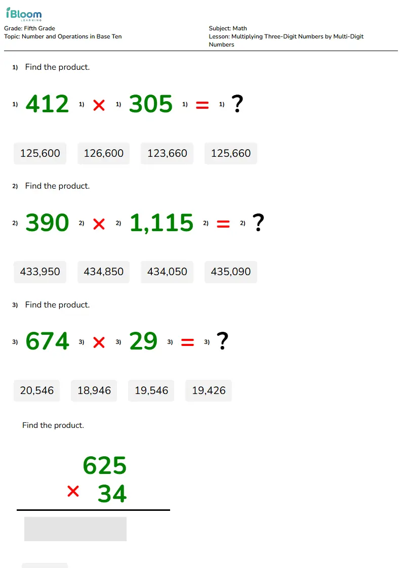 Multiplying Three-Digit Numbers by Multi-Digit Numbers Lesson for Fifth Grade | iBloom